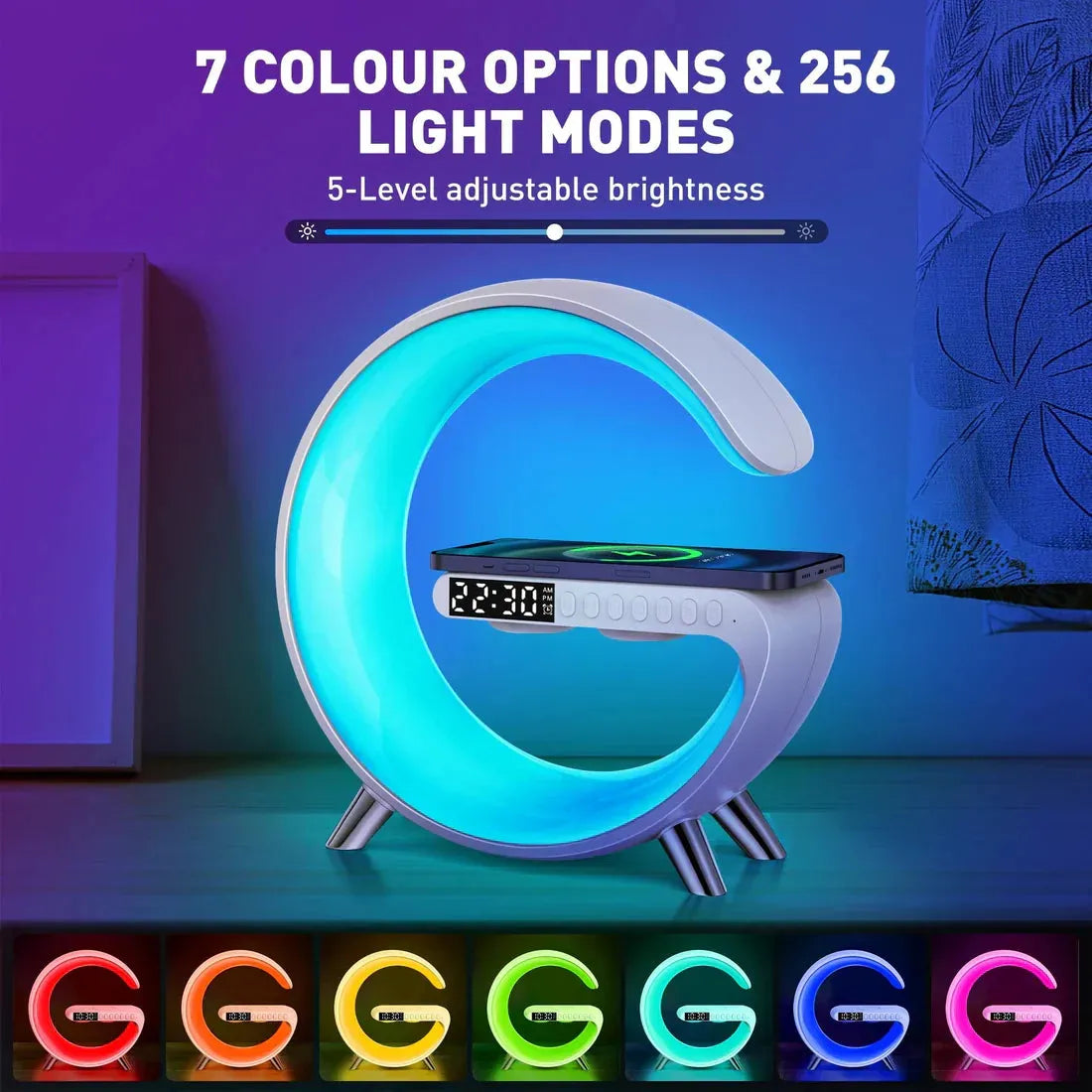 G shaped Lamp - Bluetooth Speaker- Wireless Charger &amp; Digital Clock