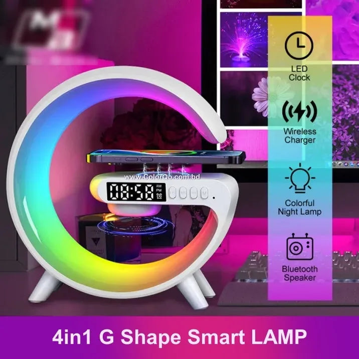 G shaped Lamp - Bluetooth Speaker- Wireless Charger &amp; Digital Clock